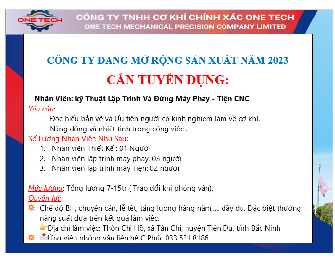 Thông báo tuyển dụng của công ty TNHH Cơ khí chính xác One Tech