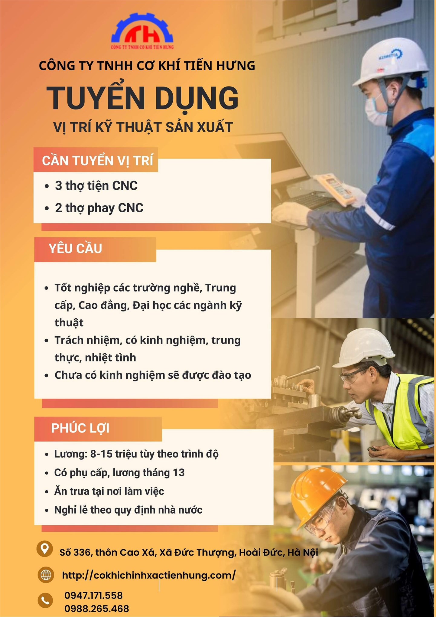 Thông báo tuyển dụng của công ty TNHH Cơ khí Tiến Hưng