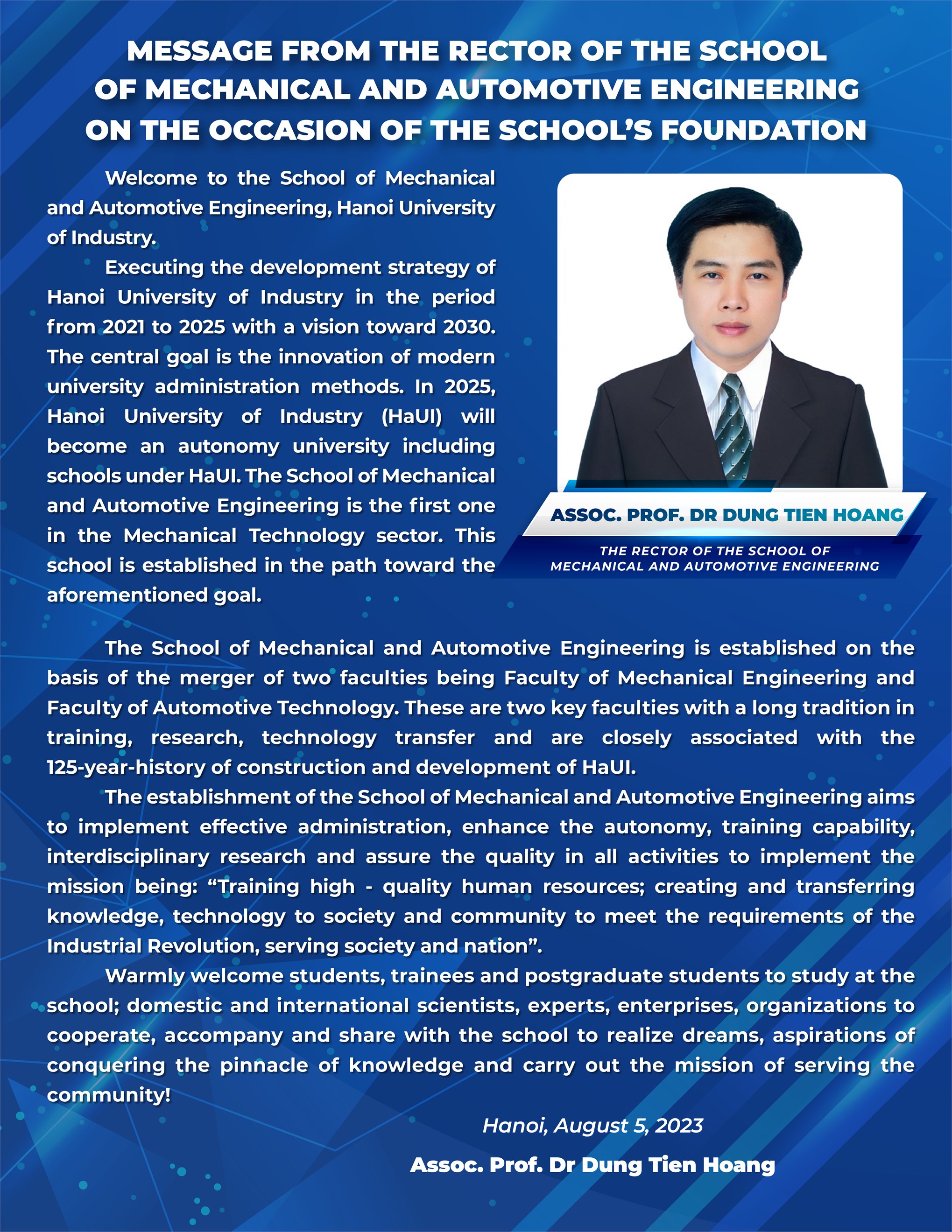 MESSAGE FROM THE RECTOR OF THE SCHOOL OF MECHANICAL AND AUTOMOTIVE ENGINEERING