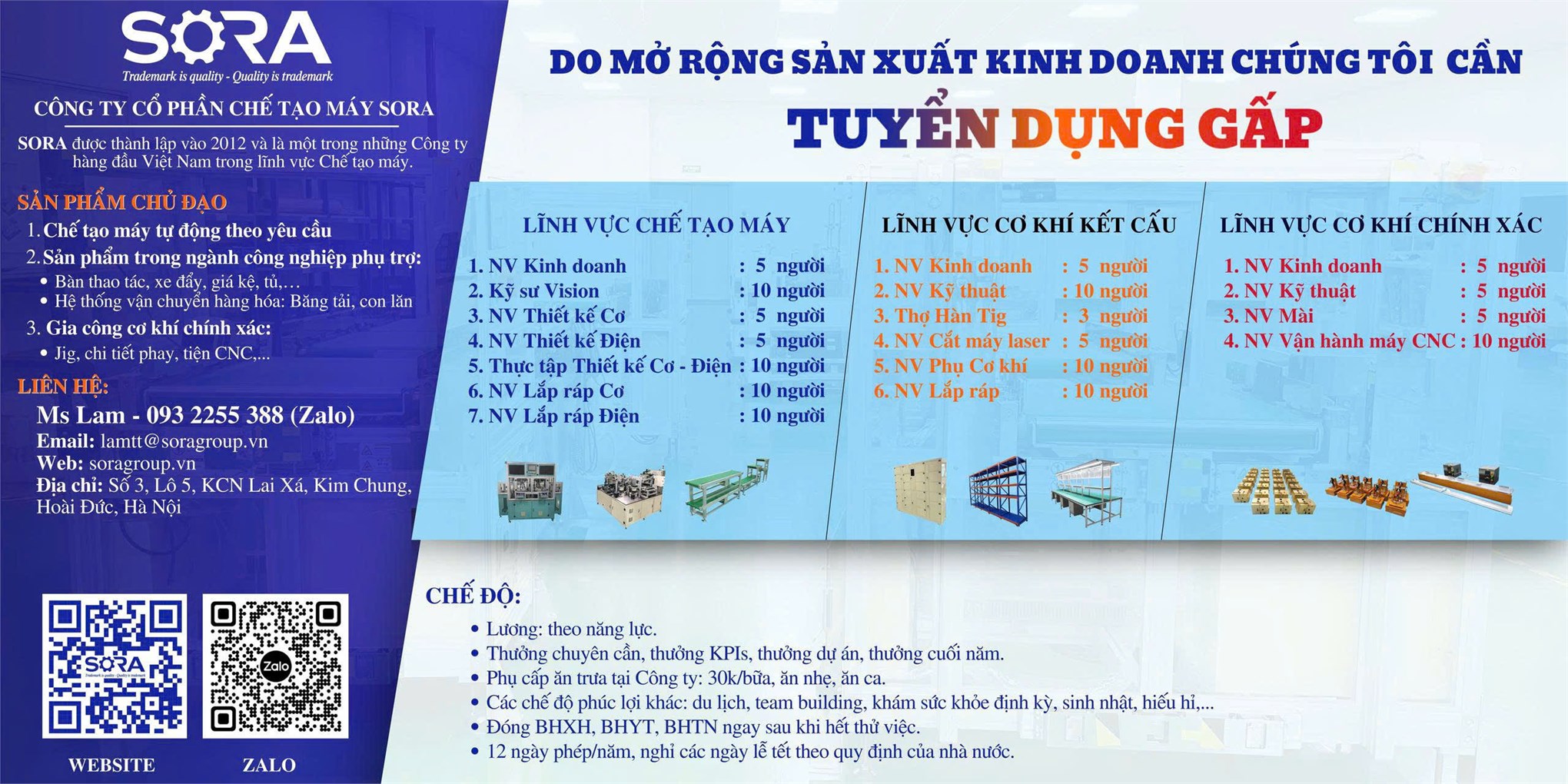 Thông báo tuyển dụng của công ty cổ phần chế tạo máy Sora