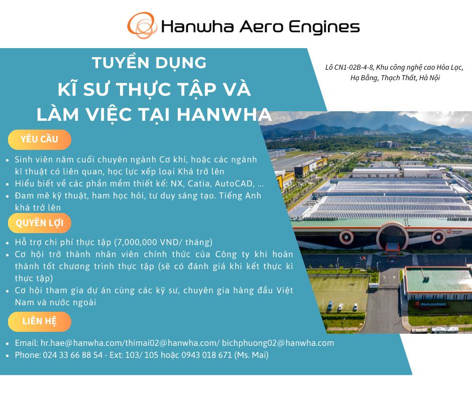 Thông báo tuyển dụng kỹ sư thực tập và làm việc tại Hanwha Aero Engines