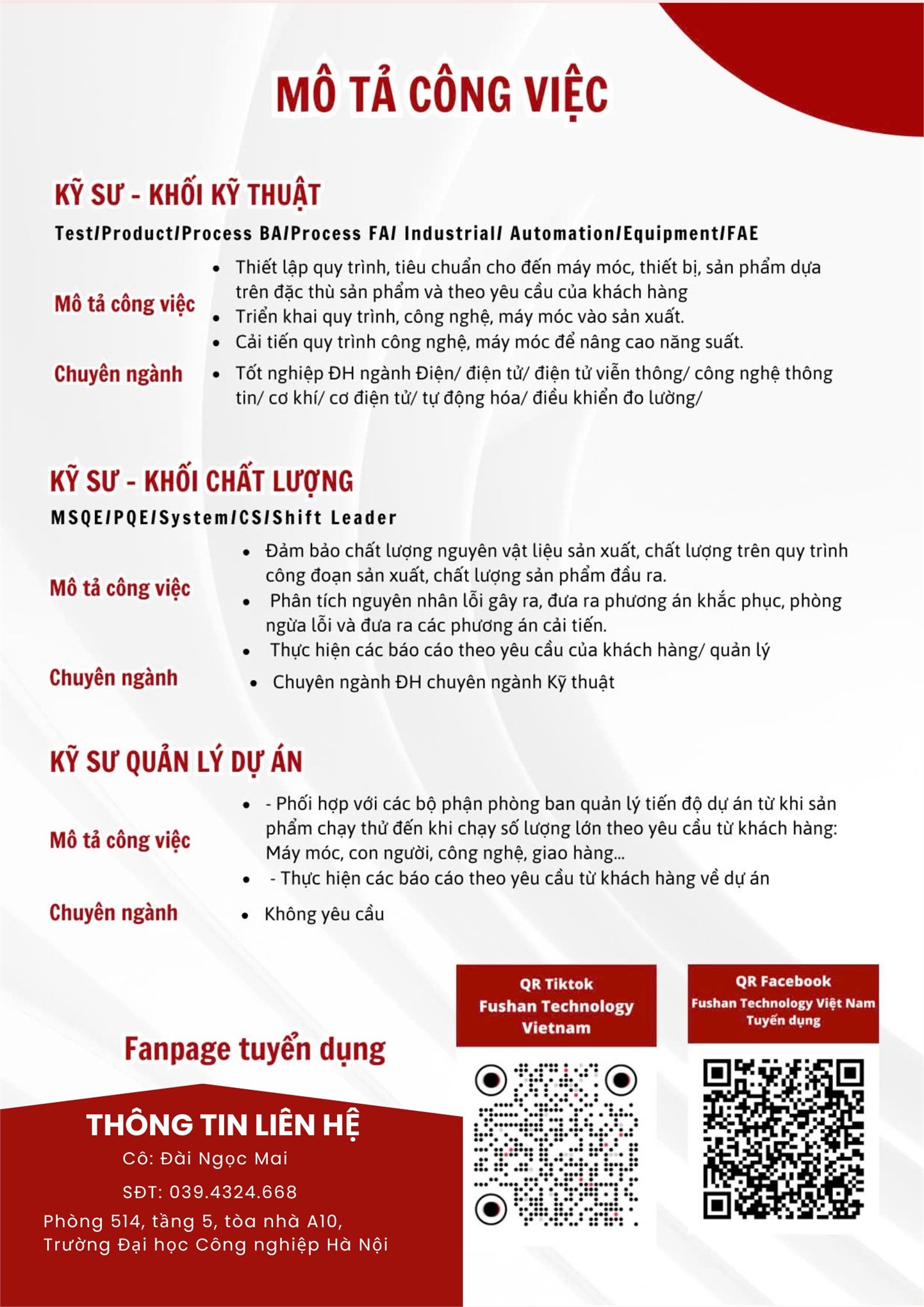 Thông báo chương trình tuyển dụng của Công ty Fushan Technology Việt Nam