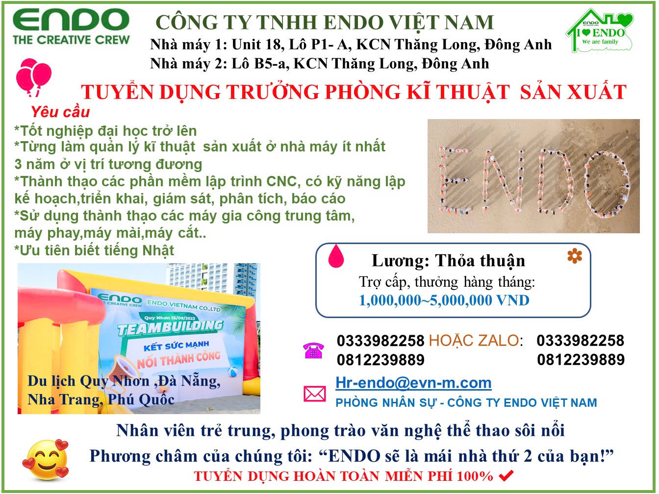 Thông báo tuyển dụng của Công ty TNHH Endo Việt Nam