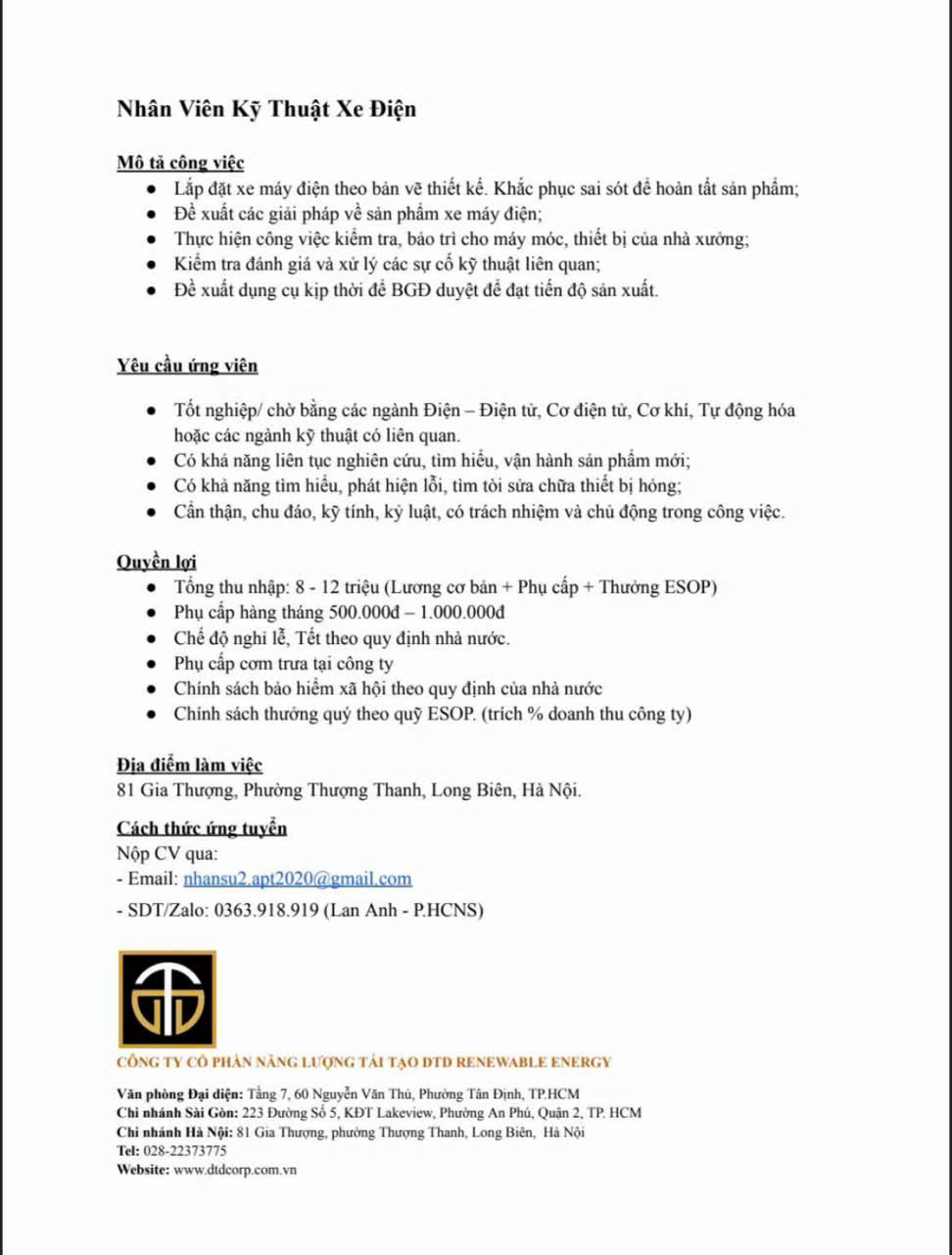 Thông báo tuyển dụng của Công ty Cổ phần năng lượng tái tạo DTD RENEWABLE ENERGY