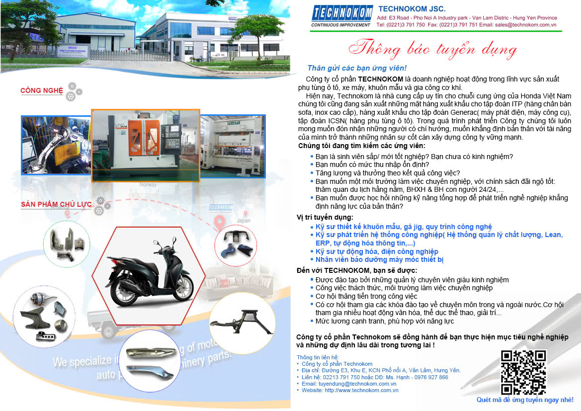 Thông báo tuyển dụng của Công ty Cổ phần TECHNOKOM