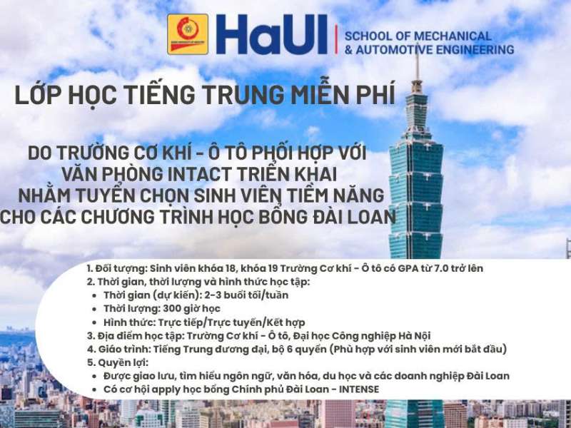 Thông báo "Lớp học tiếng Trung miễn phí dành cho sinh viên khóa 18, khóa 19 Trường Cơ khí - Ô tô"
