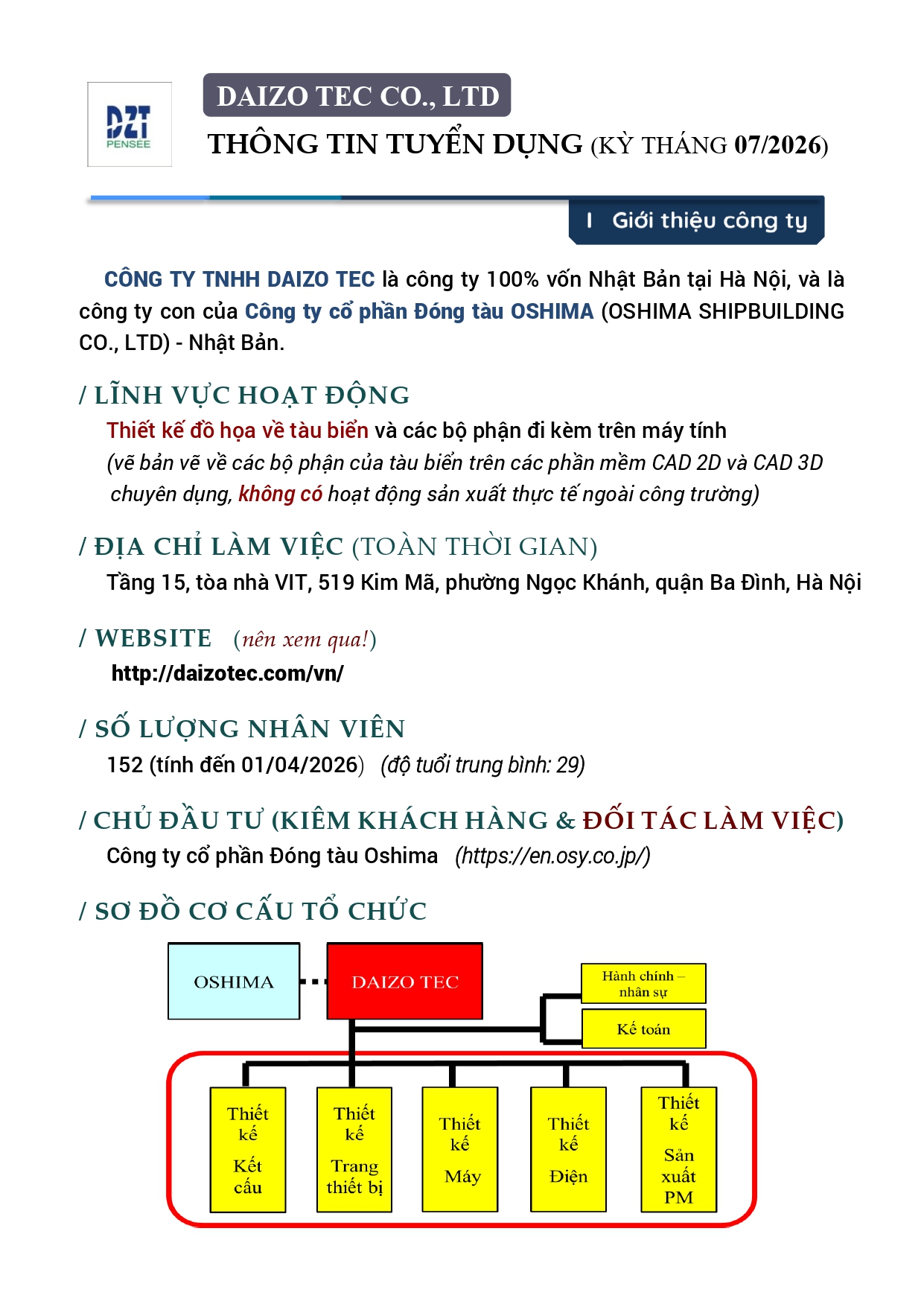 Thông báo chương trình tuyển dụng kỹ sư thiết kế bản vẽ tàu biển của Công ty TNHH Daizo Tec