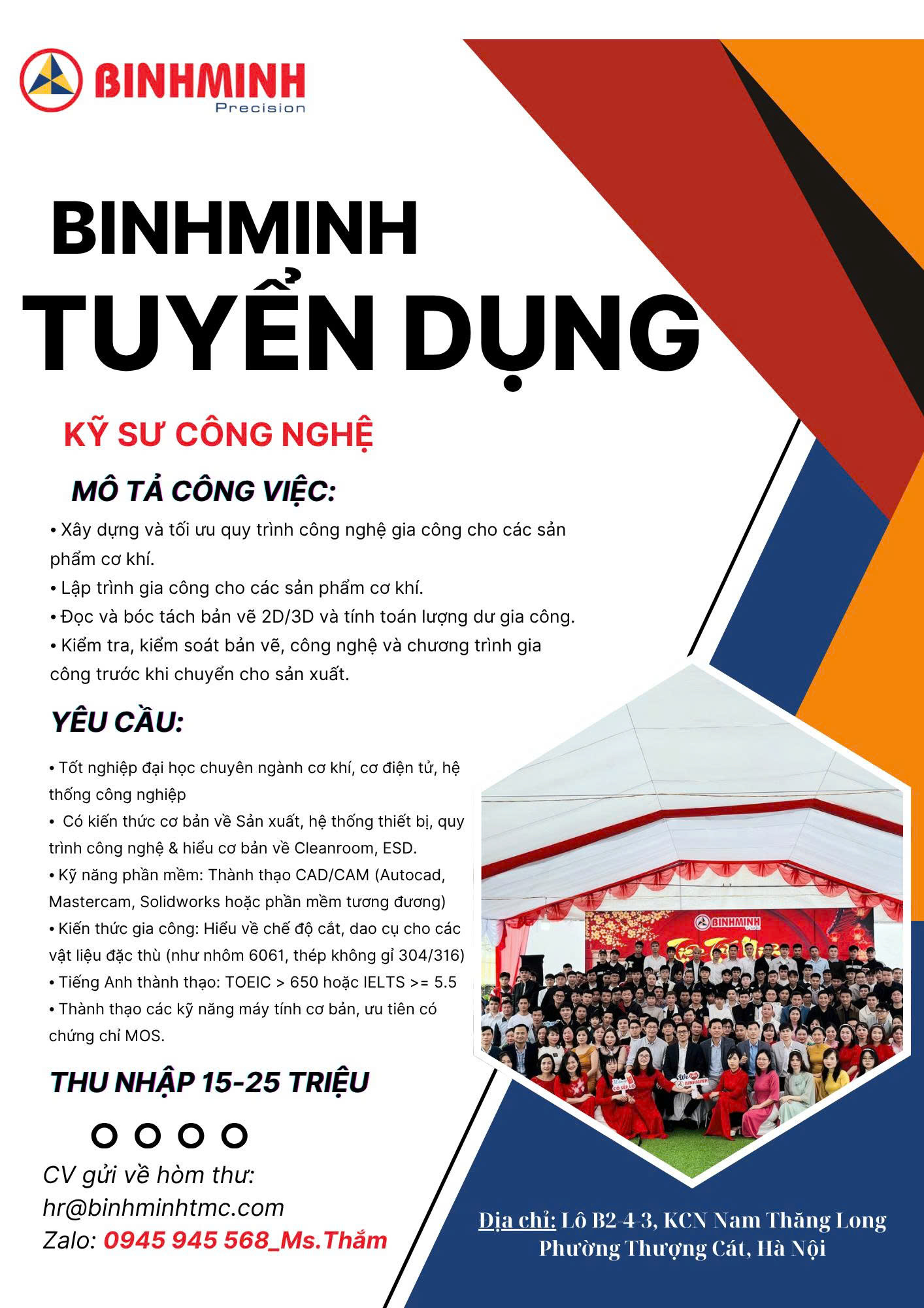 Thông báo tuyển dụng của Công ty TNHH Xây dựng, Cơ khí và thương mại Bình Minh