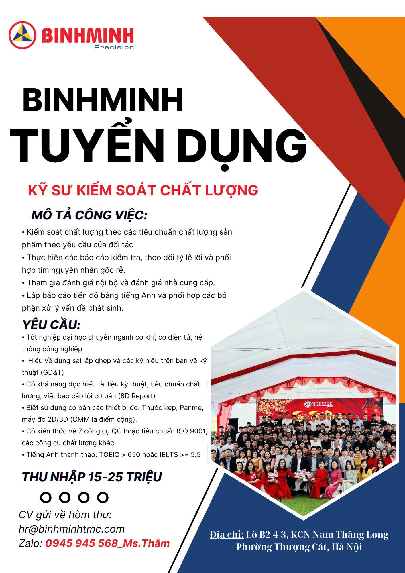 Thông báo tuyển dụng của Công ty TNHH Xây dựng, Cơ khí và thương mại Bình Minh