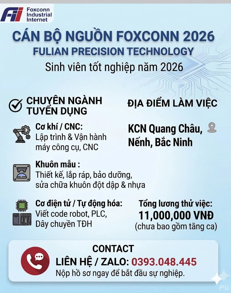 Kế hoạch hội thảo tuyển dụng của Tập đoàn KHKT Hồng Hải (Foxconn) - tháng 5/2026