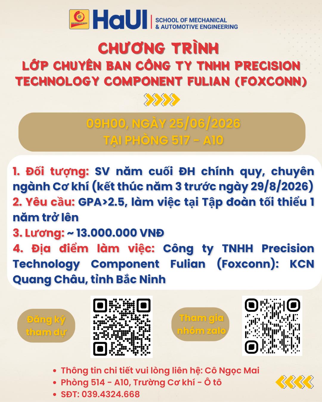 Thông báo chương trình tuyển dụng CBN của Công ty TNHH Precision Technology Component Fulian (Foxconn)