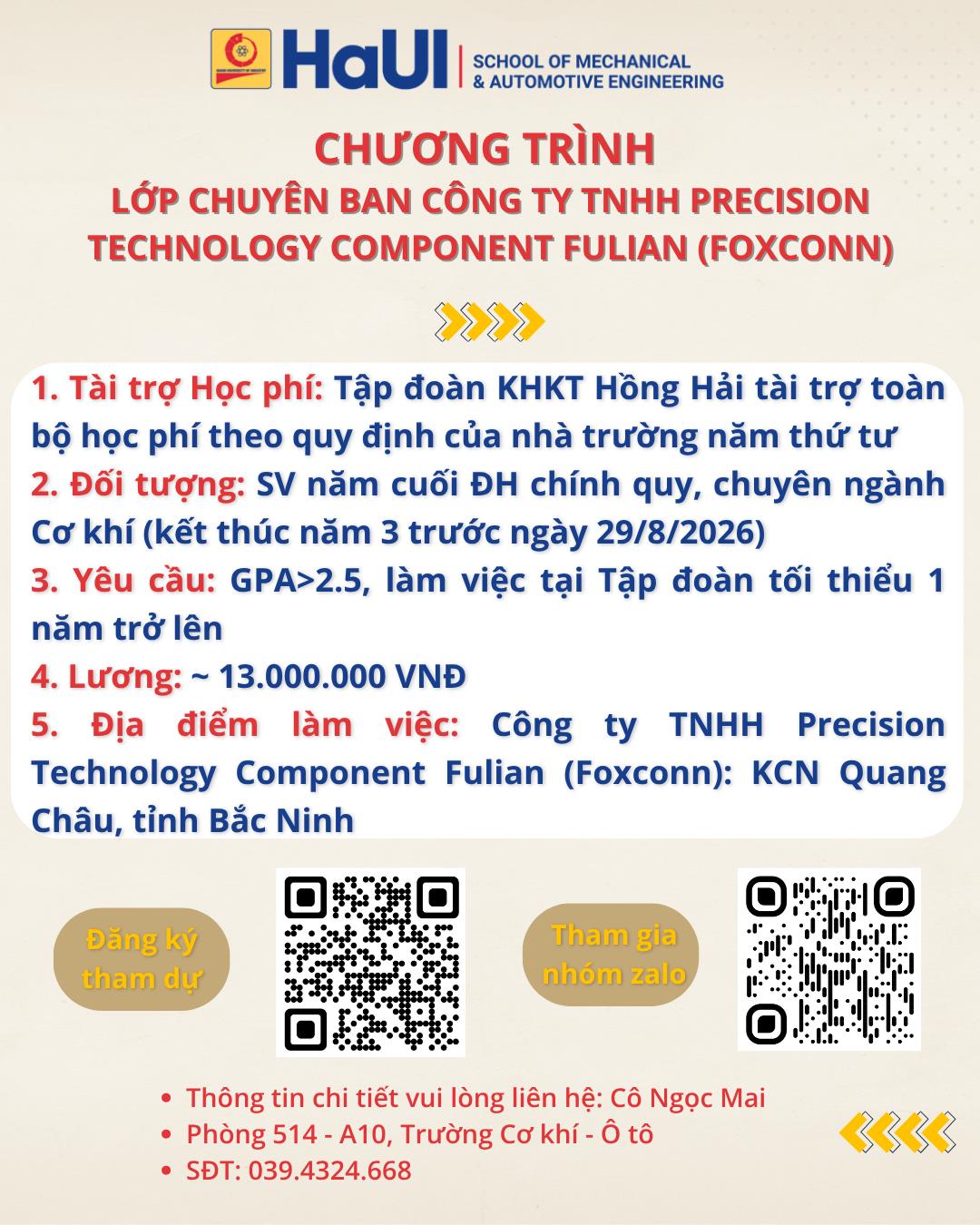 Chương trình tuyển dụng lớp Chuyên ban của Công ty TNHH Precision Technology Component Fulian (Foxconn)