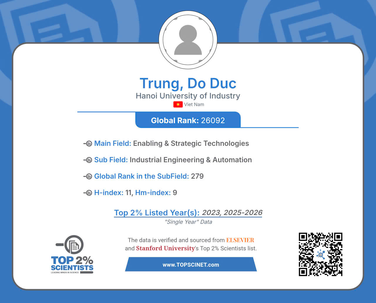 PGS.TS. Đỗ Đức Trung tiếp tục ghi danh trong Top 2% nhà khoa học có ảnh hưởng hàng đầu thế giới năm 2026