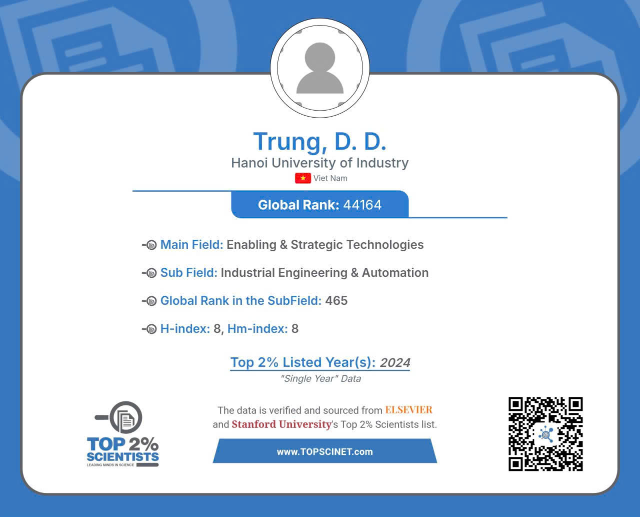 PGS.TS. Đỗ Đức Trung tiếp tục ghi danh trong Top 2% nhà khoa học có ảnh hưởng hàng đầu thế giới năm 2026