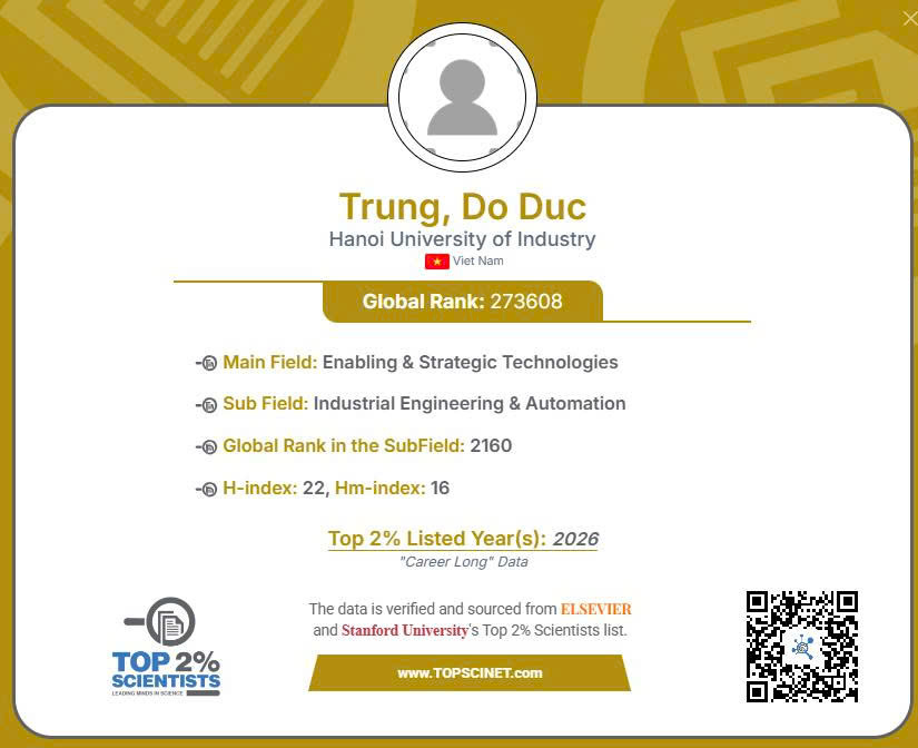 PGS.TS. Đỗ Đức Trung tiếp tục ghi danh trong Top 2% nhà khoa học có ảnh hưởng hàng đầu thế giới năm 2026
