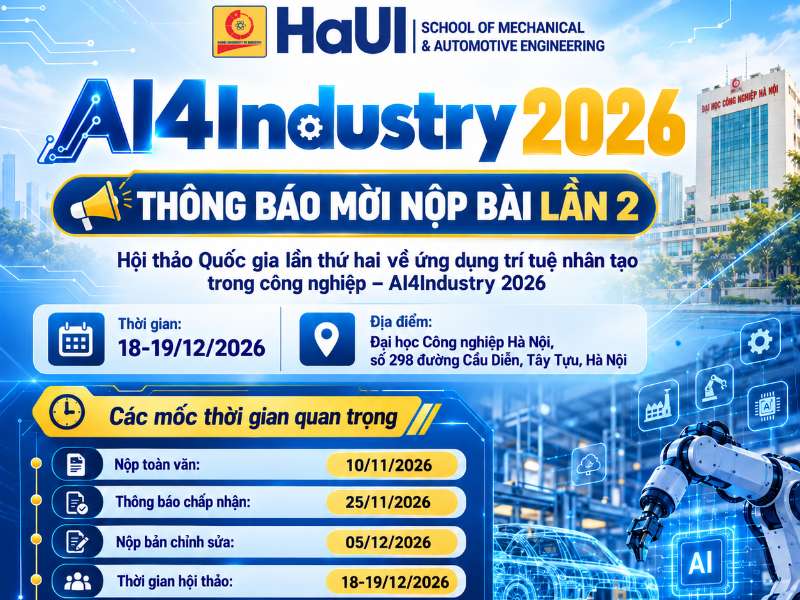 Thông báo Hội thảo Quốc gia lần thứ hai về ứng dụng trí tuệ nhân tạo trong công nghiệp – AI4Industry 2026