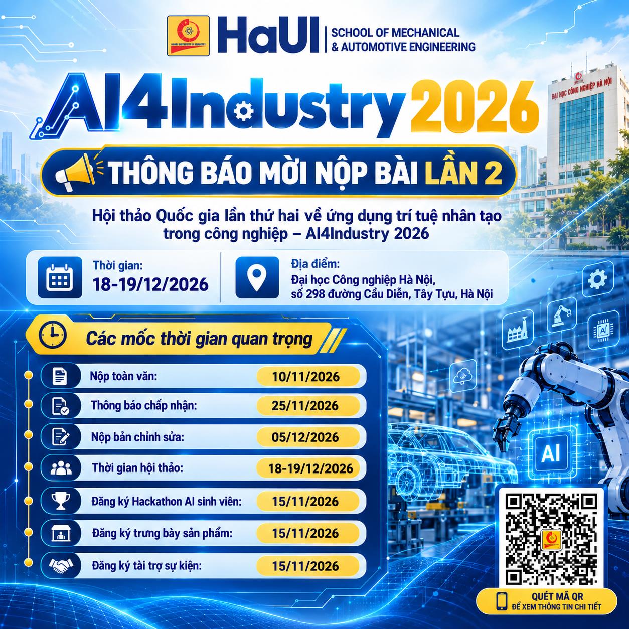 Thông báo Hội thảo Quốc gia lần thứ hai về ứng dụng trí tuệ nhân tạo trong công nghiệp – AI4Industry 2026